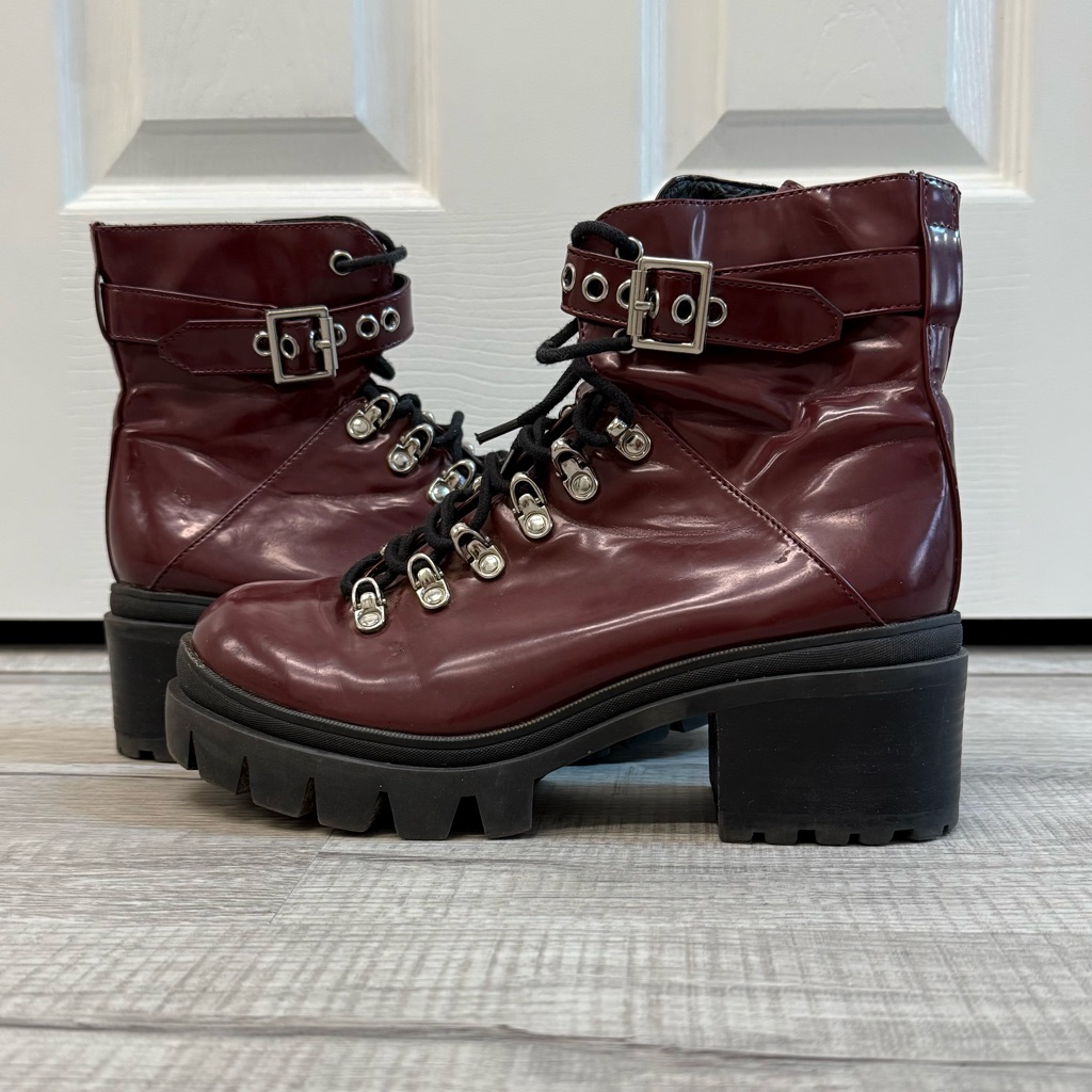 Burgundy Jeffrey Campbell Czech Chunky Heeled Combat Boots